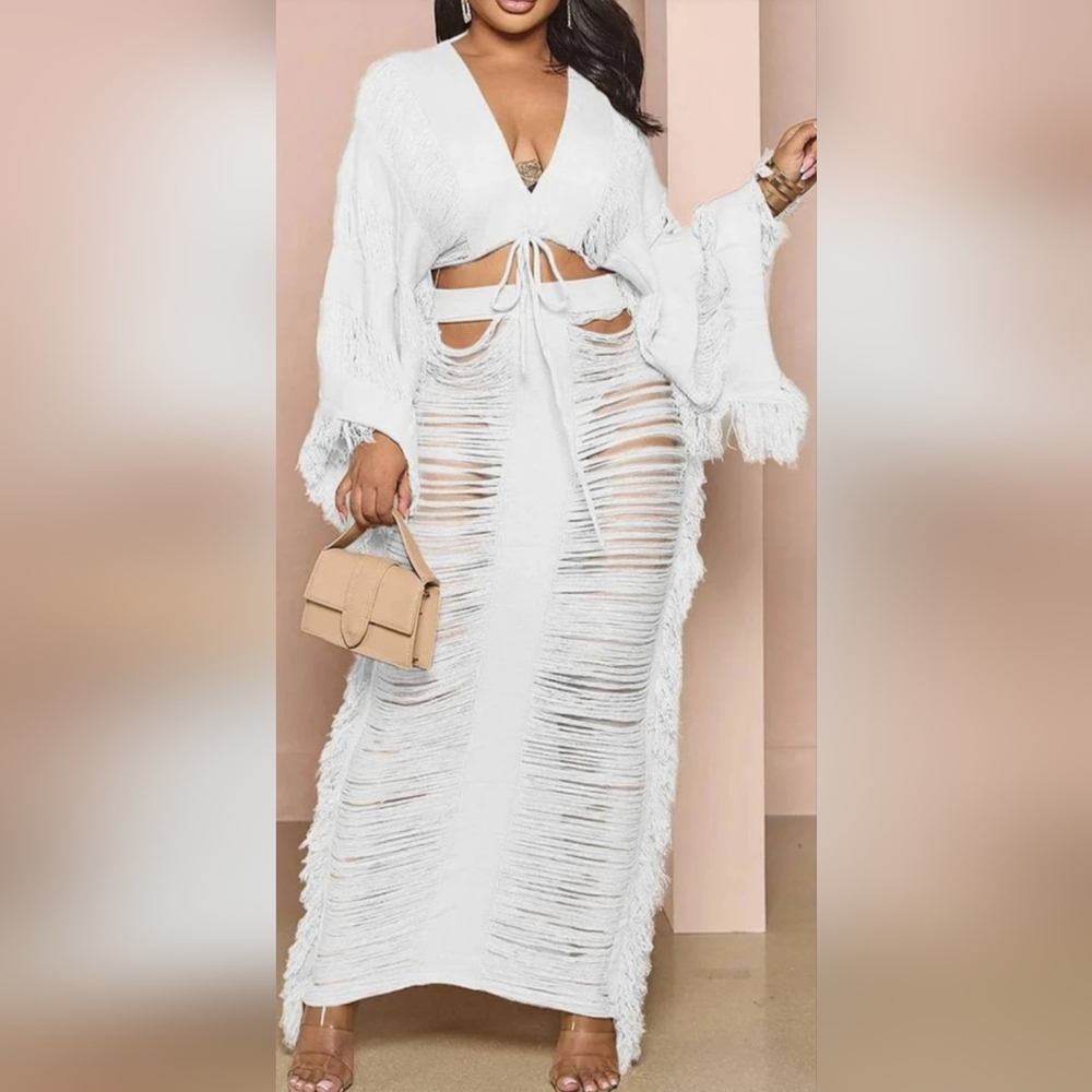 Xpluswear White Fringe Cut Out Bathing Suit Cover Up 5x